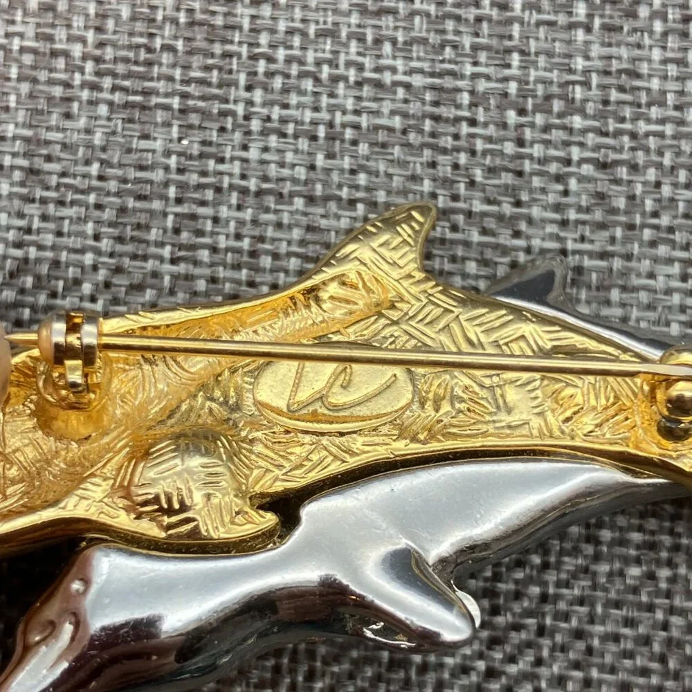 Liz Claiborne Dolphin Brooch Pin 3 In Gold Silver Sleek Elegant Swimming Glam - Picture 3 of 6